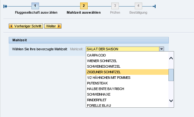 SAP Flugdatenmodell Menueauswahl